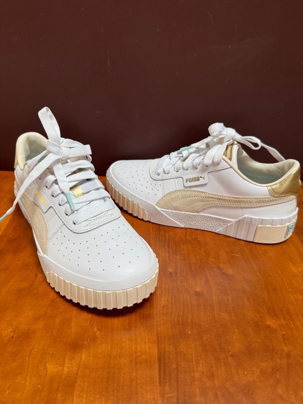 Puma Women's Cali Soft Glow Sneaker - White, Cream & Gold (eggnog) NWOB Size 9